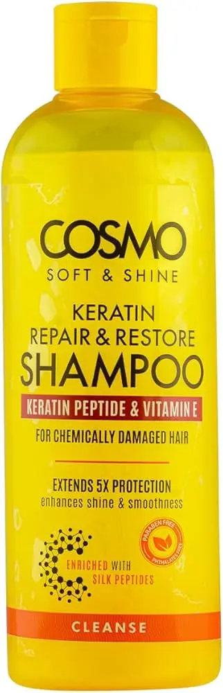 COSMO SOFT & SHINE KERATIN REPAIR ET RESTORE SHAMPOO KERATIN PEPTIDE & VITAMIN E CLEANSE 480ML