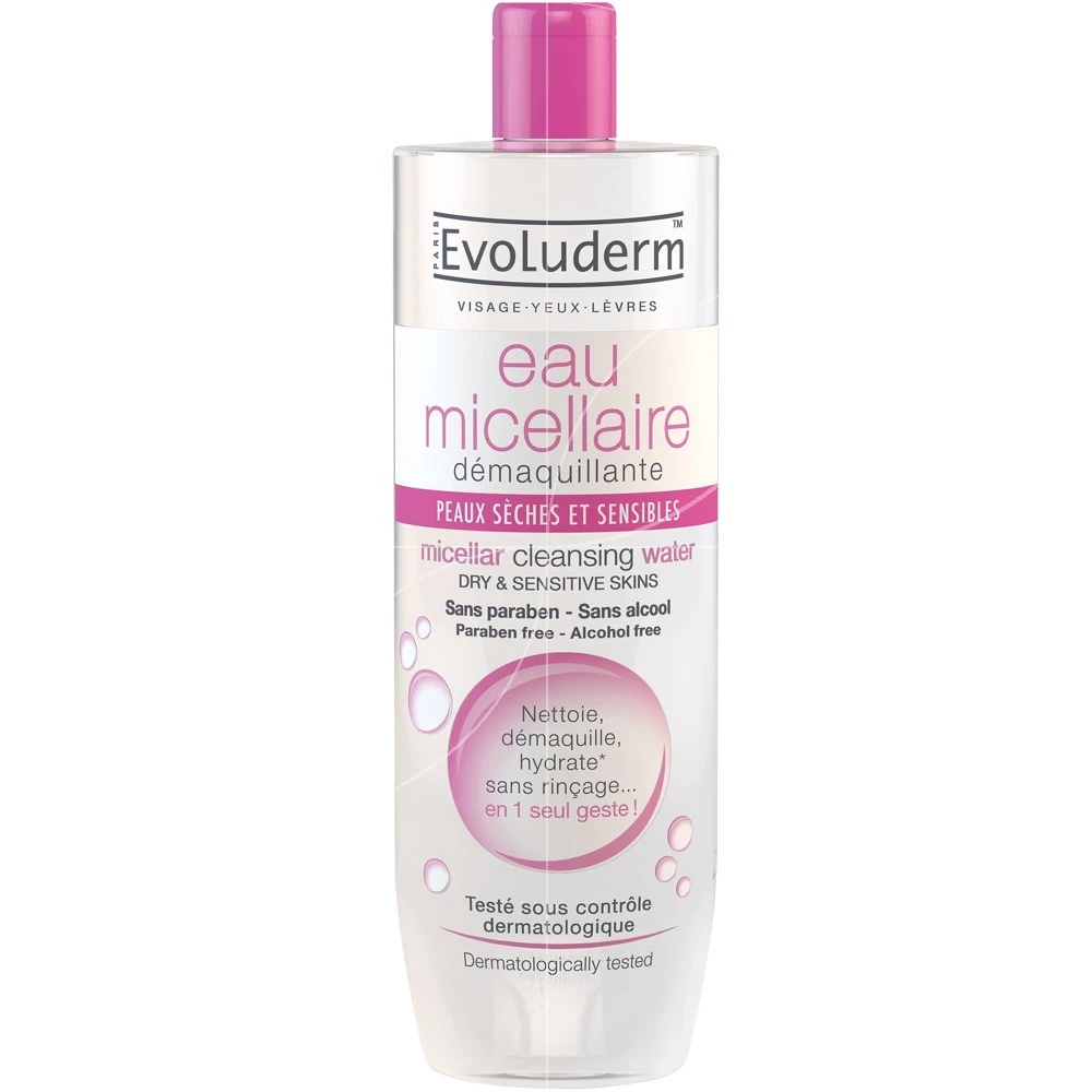 EVOLUDERM EAU MICELLAIRE HYDRATANTE PEAUX SECHES ET SENSIBLES 500ML
