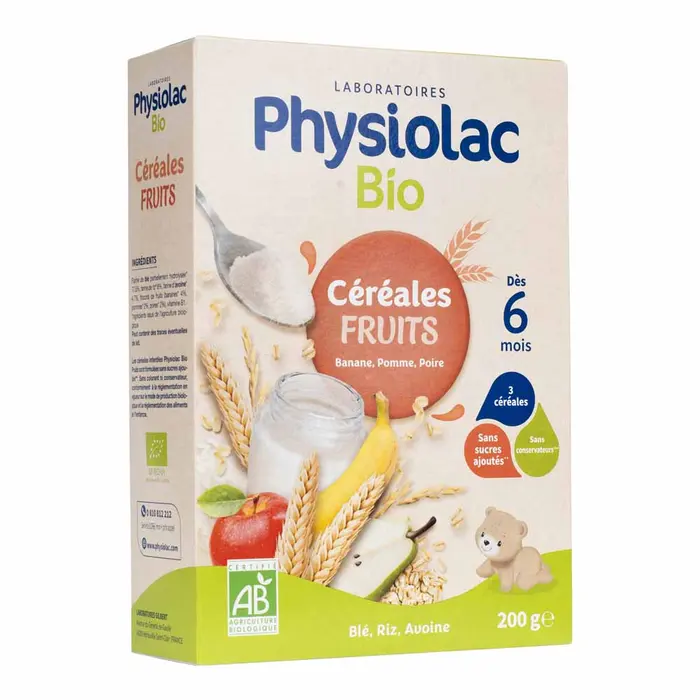 PHYSIOLAC BIO CEREALES FRUITS BANANA,POMME,POIRE 6 MOIS 200G