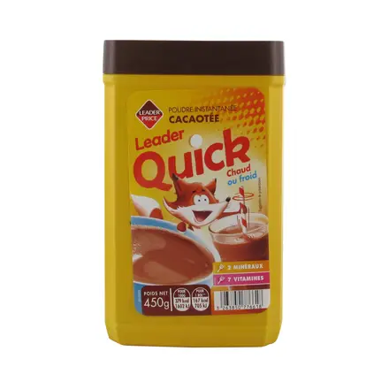 LEADER PRICE POUDRE INSTANTANEE CACAOTEE LEADER QUICK CHAUD OU FROID 450G