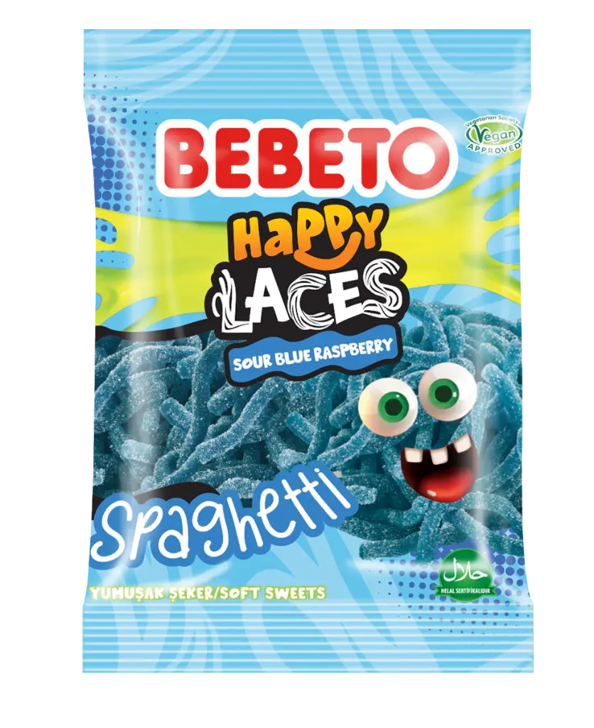 BEBETO HAPPY LACES SOUR BLUE RASPBERRY SPAGHETTI 80G