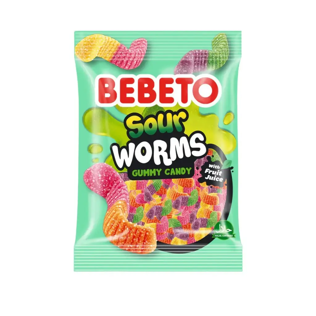 BEBETO SOUR WORMS GUMMY CANDY WITH FRUIT JUICE 80G