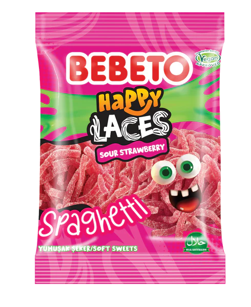 BEBETO HAPPY LACES SOUR STRAWBERRY SPAGHETTI 80G