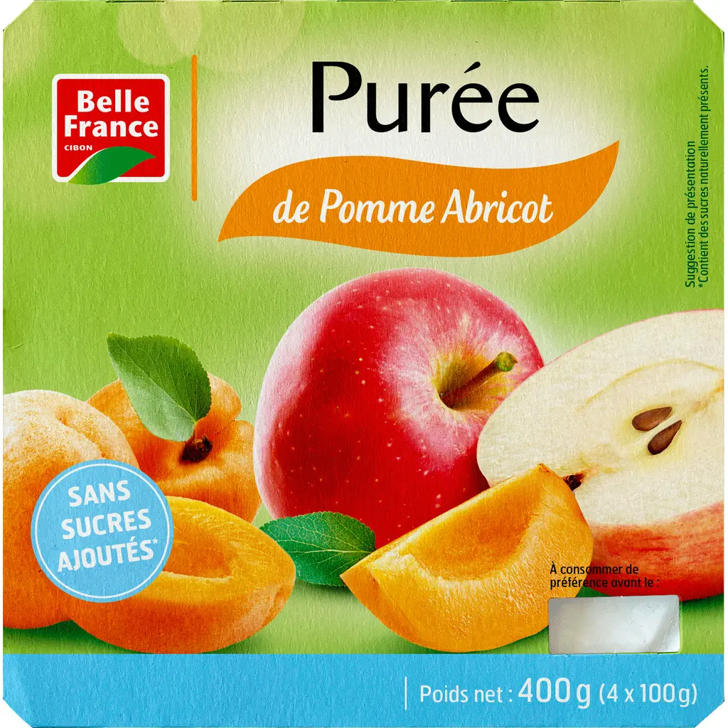 BELLE FRANCE PUREE DE POMME ABRICOT SANS SUCRE AJOUTES 400G(4×100G)