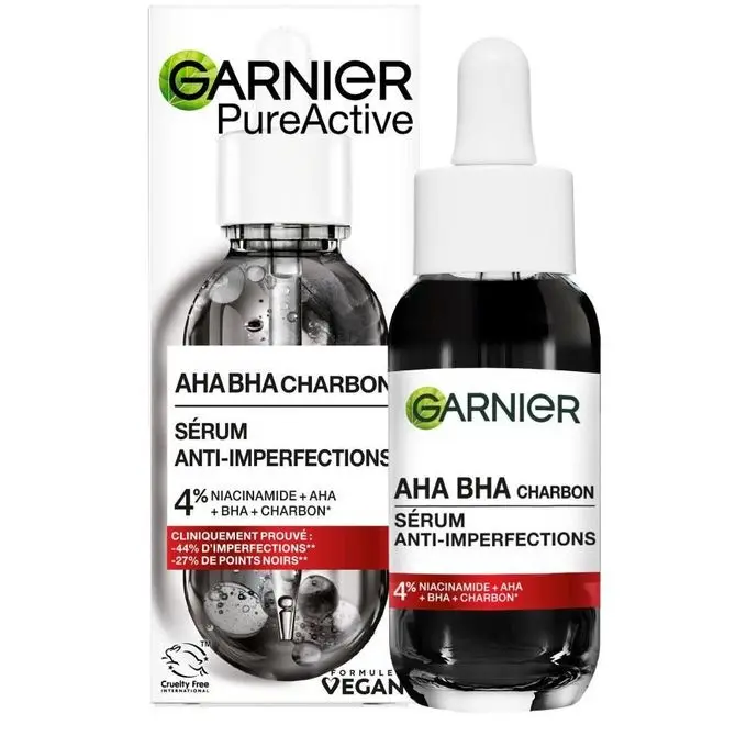 GARNIER PUREACTIVE AHA BHA CHARBON SERUM ANTI-IMPERFECTIONS 4% NIACINAMIDE +AHA 30ML