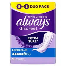 ALWAYS DISCREET EXTRA SURE LONG PLUS 16 SERVIETTES 