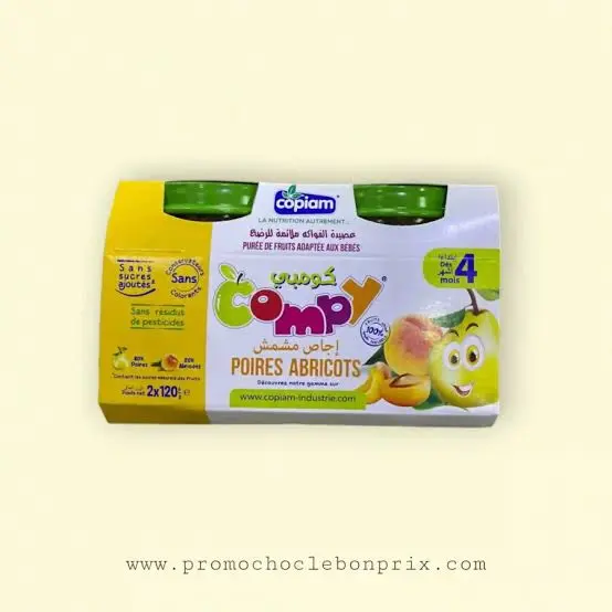 COPIAM COMPY PUREE DE FRUITS ADAPTEE AUX BEBES POIRES ABRICOTS 2×120G