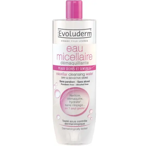 [3760100682601] EVOLUDERM EAU MICELLAIRE HYDRATANTE PEAUX SECHES ET SENSIBLES 500ML