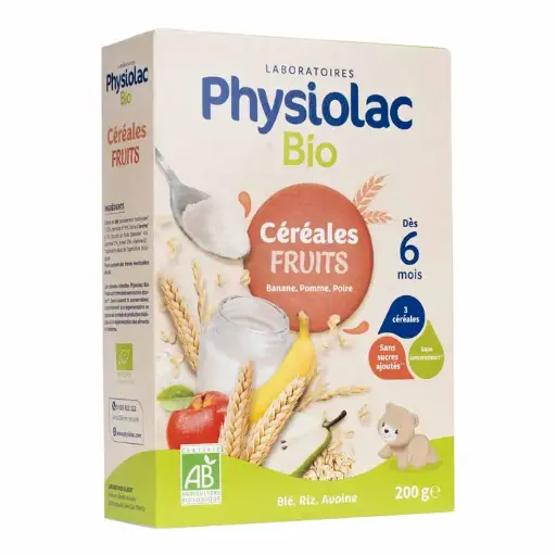 [3518646124518] PHYSIOLAC BIO CEREALES FRUITS BANANA,POMME,POIRE 6 MOIS 200G