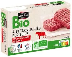 [3250391499120] BIO 4 STEAKS HACHES PUR BOEUF 15% DE MATIERES GRASSES 400G