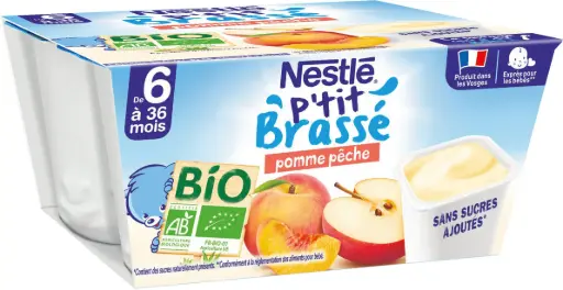 [7613036285827] NESTLE P'TIT BRASSE BIO POMME PECHE DE 6 A 36MOIS 360G(4×90G)